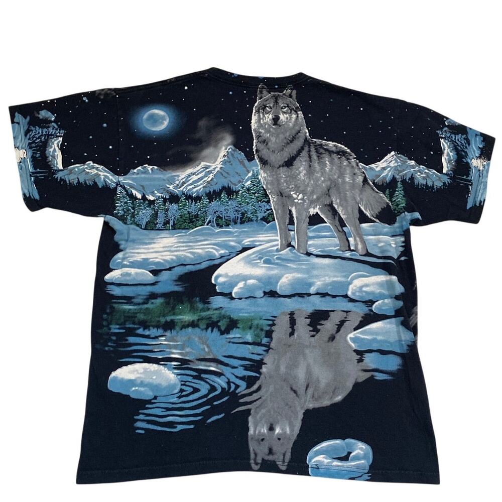 Liquid Blue Wolf All Over Print Reversible T-Shirt Green Eyes Mens M AOP